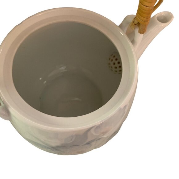 Vintage Teapot Teacup Set Saucer White Blue Floral Print Wicker Handle - Picture 8 of 8